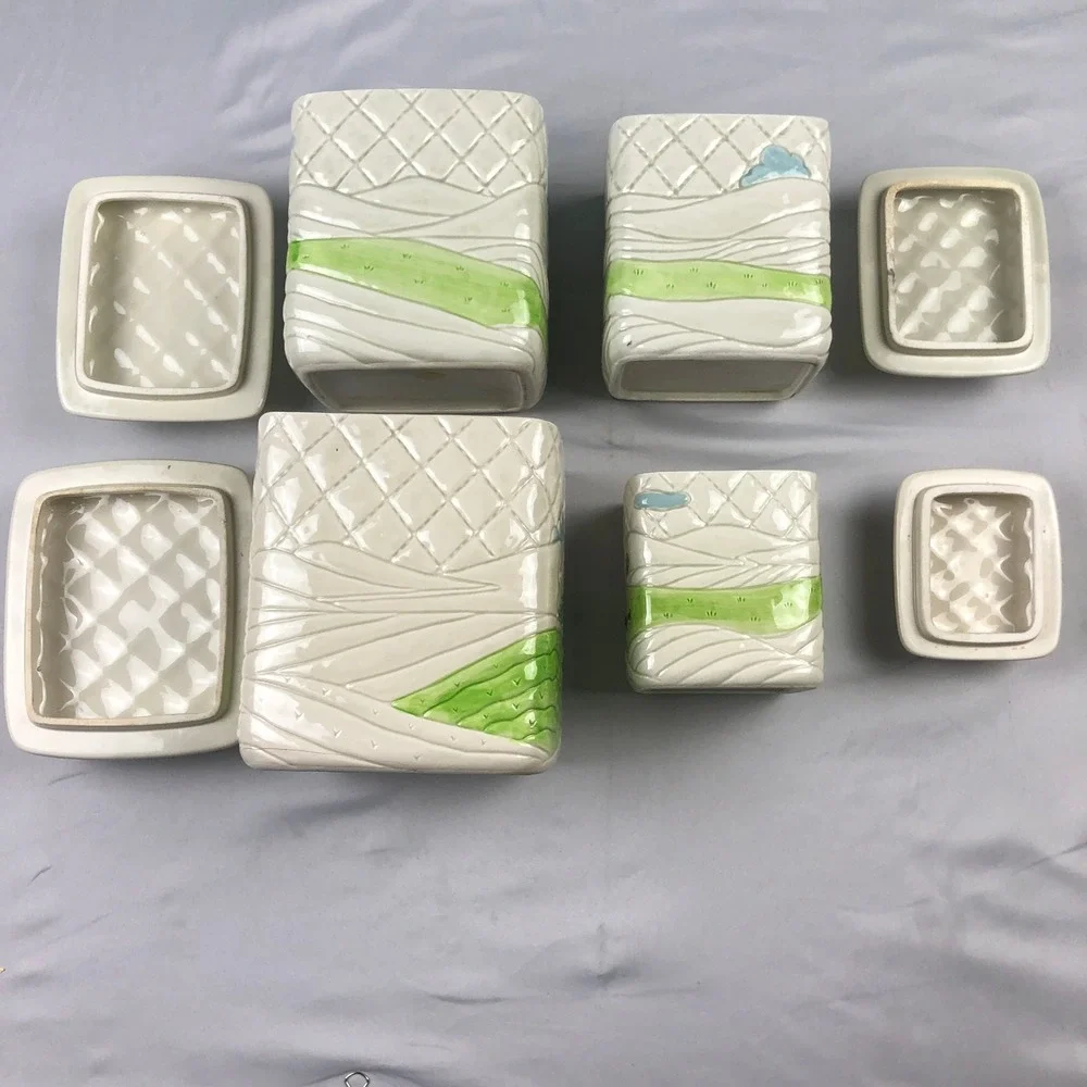 Vintage 1982 Otagiri Japan Farm Canister Set 4pc Ceramic Quilted Barn Cow Pig